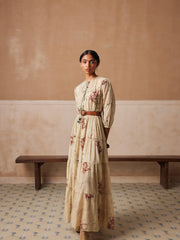 Peony Printed Hand Embroidered Long Flowy Cotton Dress With Waist Belt