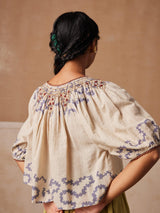 Ivory Spiral Printed On The Border With Drawstring Neckline & Cuff Sleeves