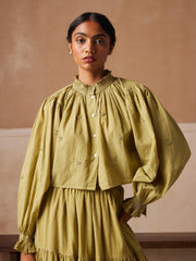 Lime Green Hand Embroidered Band Collar  Short Top With Bishop Sleeves